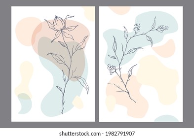 elegant minimalist invitation templates backgrounds, cards with modern abstract organic wavy shapes and outlined floral elements in pastel color palette