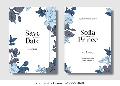 Elegant and Minimalist Jasmine floral wedding invitation line art style with blue boho colors