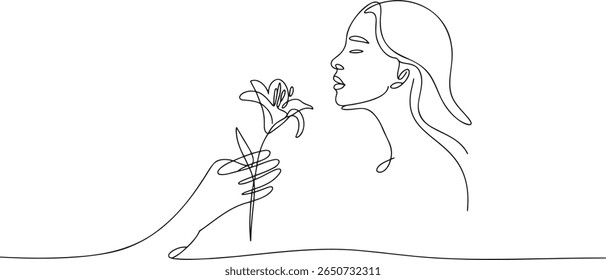 Elegante Arte De Linha Minimalista Representando Gesto Afetivo Uma Mulher Recebe Uma Lírio Apresentado Por Uma Mão