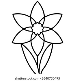 Elegant minimalist line art depicts a beautiful floral design featuring overlapping petals and simple leaves, rendered in crisp black against a clean white backdrop. 