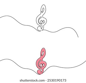 Elegant minimalist line art featuring pink and black treble clefs on a wave. Vector illustration.