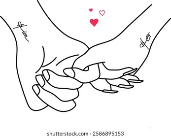 An elegant minimalist line art illustration of a couple holding hands, symbolizing love, connection, and romance. The design features a "Him" and "Her" tattoo on their wrists, along with heart icons.