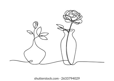 Ilustração de arte de linha minimalista elegante de dois vasos com flores e folhas para design