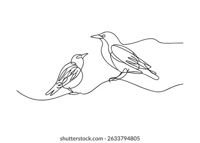 Elegant minimalist line art illustration depicting two birds perched on a branch against white