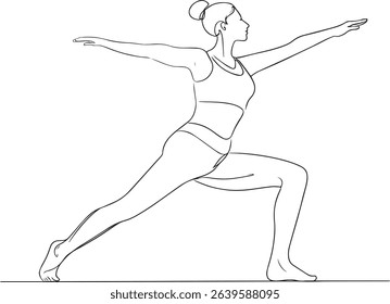 Elegant and Minimalist Line Art Illustration of a Woman Gracefully Performing an Aesthetic Warrior Yoga Pose, Capturing the Essence of Balance, Inner Peace, Mindfulness, and the Fluidity