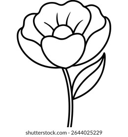 Elegant and minimalist line art illustration of a delicate flower in black and white, perfect for diverse design applications. 