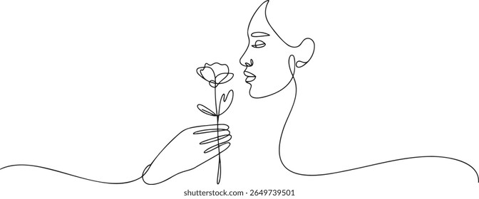 Elegant Minimalist Line Art Portrait of a Woman Holding a Flower in a Modern Artistic Style