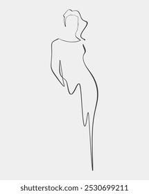 Elegant minimalist line art of a woman wearing a long flowing dress, showcasing a graceful and fashionable pose.