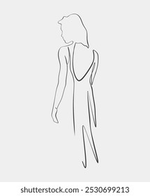 Elegant minimalist line art of a woman in a flowing dress, capturing graceful movement and simplicity in design.