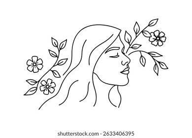 Elegant minimalist line art of a woman's profile with floral and botanical embellishments
