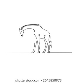 Elegante desenho de linha minimalista representando uma graciosa girafa de pé sobre um fundo branco em estilo simplista