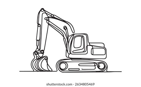 Elegant minimalist line drawing of an excavator at work against a pure white background