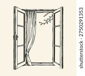 Elegant minimalist line drawing of an open window with striped curtains revealing a green leafy branch, soft natural lighting, serene and clean aesthetic ideal for home decor and design projects.