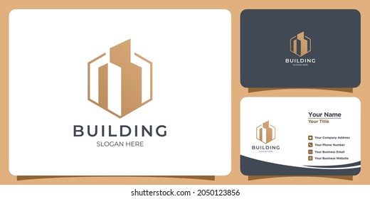 Elegant minimalist line style building Logo set with business card branding