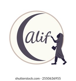 Logotipo minimalista elegante com lua crescente, texto de script Alif, e silhueta feminina em estilo abstrato