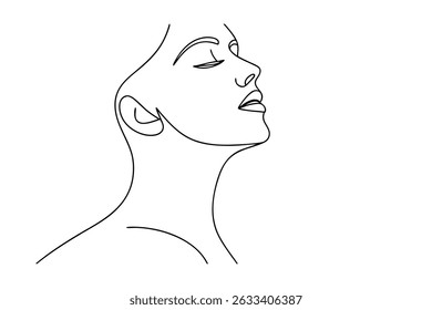 Elegant minimalist one line drawing of a woman's profile with closed eyes facing upward