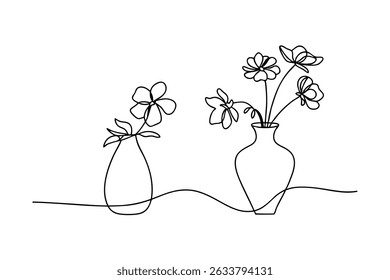 Elegante minimalista um desenho de uma linha de dois vasos contendo flores e design de folhagem