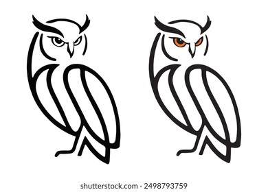 Elegant minimalist owl line art vector set with colour accent. Ideal for modern logo designs, branding, and decorative purposes. Perfect for nature, wildlife, and artistic projects.