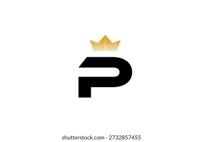 Elegant minimalist P logo featuring bold black  letter with luxurious gold crown accent above, clean vector style for premium branding and identity