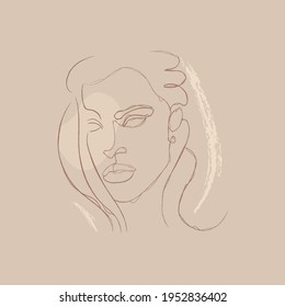 Elegant minimalist portrait continuous silhouette chalk art. Contemporary portrait. Pretty face. Flirts. Aesthetic contour. Avant garde style illustration. Trendy vector silhouette