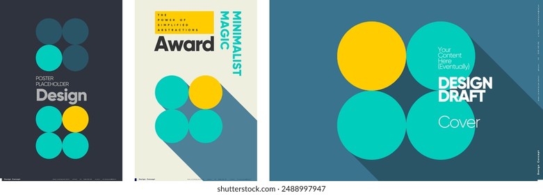 Elegant minimalist poster designs using overlapping circles and muted colors, perfect for awards, media covers, and graphic presentations.