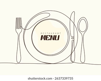 Elegant Minimalist Restaurant Menu Design, Continuous Line Art vector Illustration.