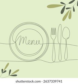 Elegant Minimalist Restaurant Menu Design, Continuous Line Art vector Illustration.