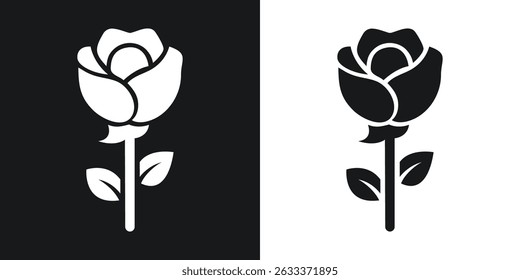 Elegant minimalist rose icon in black and white with stem and leaves details