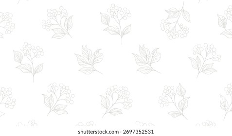 Elegant and minimalist seamless pattern featuring hand-drawn outline illustrations of botanical elements like berries and leaves on white.
