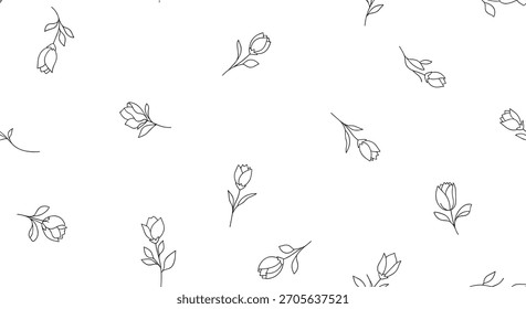 Elegantes und minimalistisches nahtloses Muster mit handgezeichneten schwarzen Umrisstulpen, die auf einem sauberen weißen Hintergrund verstreut sind.