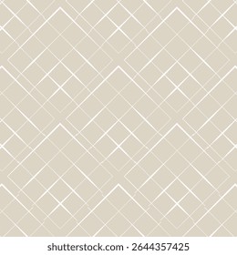 Elegant and minimalist seamless pattern with thin white lines forming a geometric diamond and chevron grid. Modern abstract vector background on a neutral beige tone.