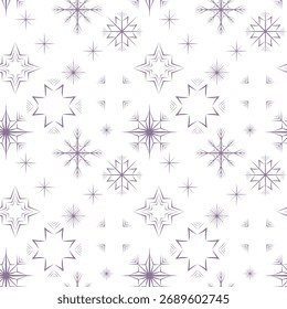 Elegante y minimalista patrón de Vector sin costuras de intrincados copos de nieve geométricos y estrellas en una lavanda apagada, perfecto para sofisticados artículos de papelería de invierno o diseño textil.