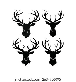 Elegant and minimalist silhouette collection featuring various deer head designs with striking antlers, gracefully displayed against a clean white background. 