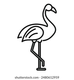 Elegant minimalist standing flamingo icon with long neck and one leg, in simple black and white outline, isolated on background, symbolizing grace and beauty of tropical avian fauna