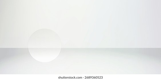 An elegant, minimalist studio backdrop showcases a soft white circle intersecting a light gray horizontal plane against a pristine white gradient background, creating a calm and serene visual