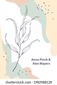 elegant minimalist template background, invitation or card with modern abstract organic wavy shapes and outlined eucalyptus branch  in pastel color palette