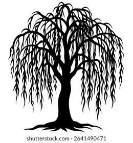 Elegant and minimalist, this vector illustration showcases a graceful black and white silhouette of a weeping willow tree against a pristine white backdrop.