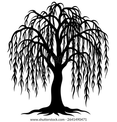 Elegant and minimalist, this vector illustration showcases a graceful black and white silhouette of a weeping willow tree against a pristine white backdrop.