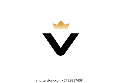 Elegant minimalist V logo featuring bold black  letter with luxurious gold crown accent above, clean vector style for premium branding and identity