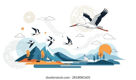 Elegant minimalist vector illustration of migrating birds flying over majestic mountain lake and autumn forest at sunset.
