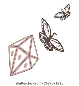 Elegant minimalist vector illustration of two butterflies and a geometric crystal shape in soft brown tones, modern abstract design on white background.