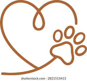 An elegant minimalist vector logo design featuring a continuous brown line that forms a graceful heart shape and loops into a clean animal paw print. Perfect for premium pet grooming salons, boutique veterinary clinics, organic pet food brands, and pet care services