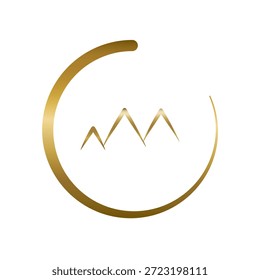 Um logotipo vetorial elegante e minimalista com três picos de montanha dourados abstratos dentro de um sofisticado arco de gradiente dourado. O design transmite luxo, natureza, força e elevação, perfeito para branding relacionado a imóveis, viagens, finanças, ou serviços premium. Isolado em um fundo branco.
