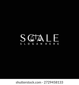 Elegant minimalist vector logo featuring 'SCALE' in sophisticated uppercase typography with an integrated classic scales of justice symbol seamlessly blended into the letter 'A', rendered in crisp white on deep black background. Perfect for premium law firms, legal consulting agencies, justice advocacy organizations, high-end corporate litigation services, ethical compliance platforms, or luxury legal tech brands seeking a timeless, authoritative, and professional identity that radiates fairness, balance, integrity, trust, and legal excellence.