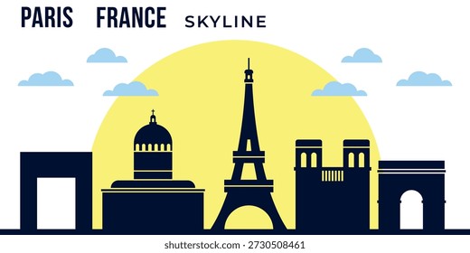 An elegant, minimalist vector silhouette of Paris, one of the most romantic cities in the world, against the backdrop of a large yellow setting sun.