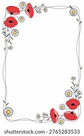 Elegant minimalist vector template featuring delicate daisy and poppy flowers combined with soft pastel tones. This versatile floral design blends romantic botanical elements with a clean modern layout, making it perfect for wedding invitations, birthday cards, certificates, diplomas, greeting cards, and event stationery. The composition includes a spacious central area for easy text customization and works perfectly for both print and digital use. Suitable for feminine, elegant, and seasonal designs.
