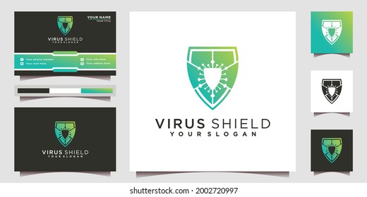 Elegant minimalist virus shield logo with modern negative space colors and businnes card design Premium vektor