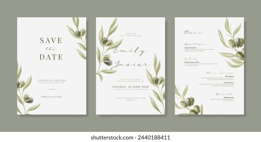 Elegante y minimalista invitación de boda con acuarela de olivo