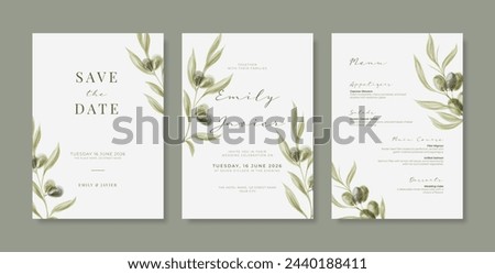 Elegant and minimalist wedding invitation with olive watercolor