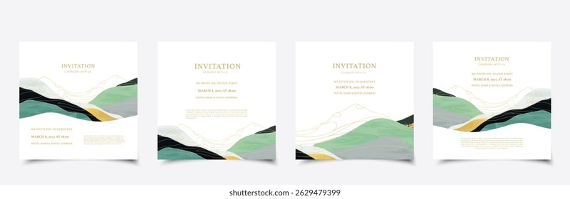 Convites de casamento minimalistas elegantes com montanhas abstratas e texto de ouro. Design quadrado Premium sobre fundo branco. Perfeito para casamentos de luxo modernos.